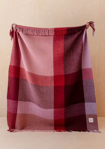 RECYCLED WOOL BLANKET BURGUNDY WAFFLE BLOCK CHECK